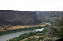 Snake River Canyon in Twin Falls, Idaho.  You can see a waterfall in the distance on the right.