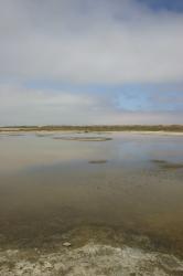 The still water of a salt marsh reflects white and gray clouds in a blue sky.