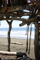 Inside a hut constructed of driftwood and seaweed on the beach. 